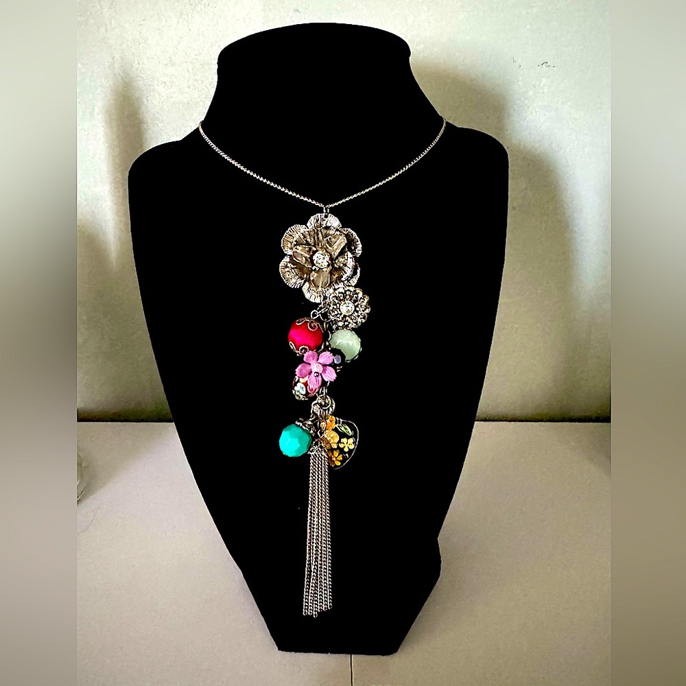 Vintage Long Silver Multi-Color Bead & Floral Charm Necklace